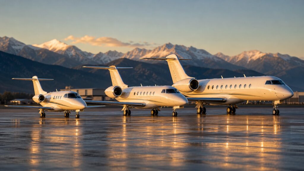 Tre jet privati di dimensioni crescenti parcheggiati in pista al tramonto