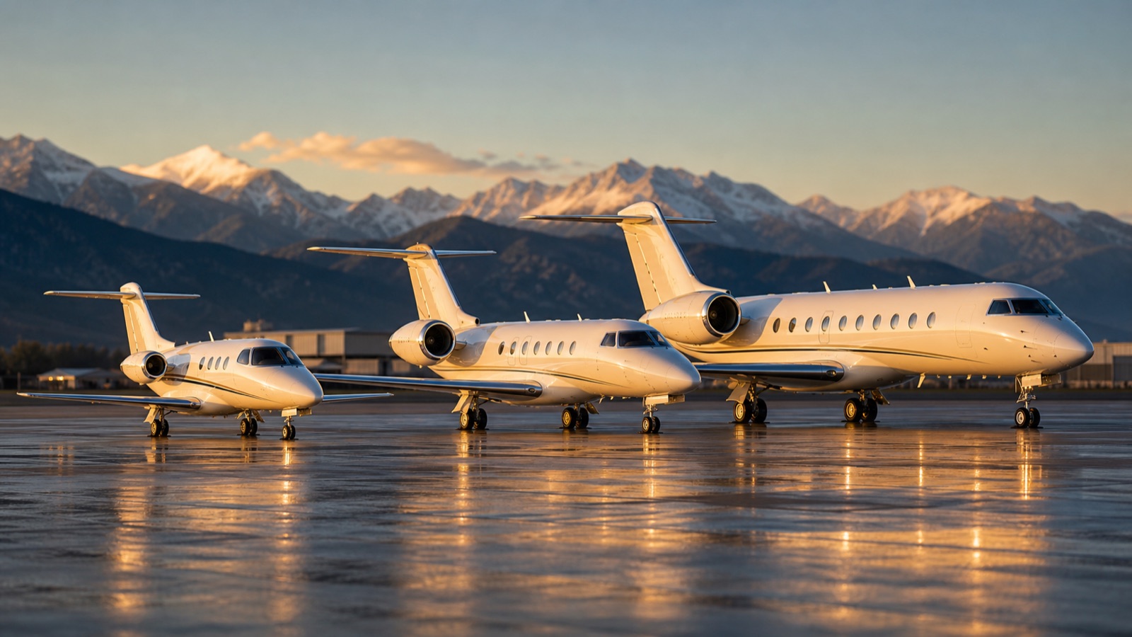 Tre jet privati di dimensioni crescenti parcheggiati in pista al tramonto