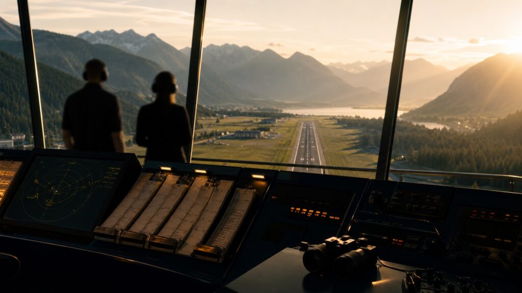 Interno della torre di controllo di Lugano al tramonto, con vista sulla pista e sulle montagne