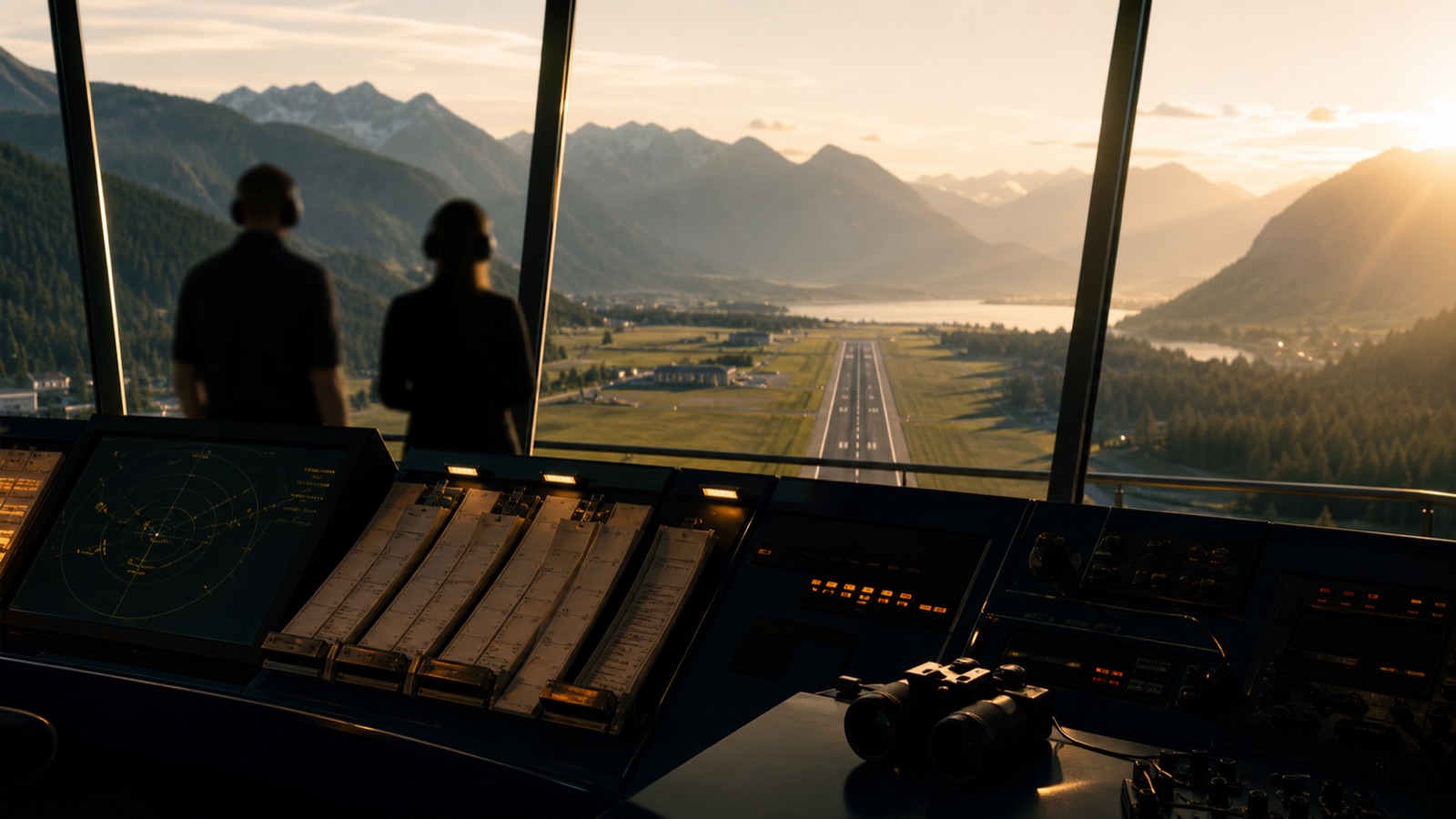 Interno della torre di controllo di Lugano al tramonto, con vista sulla pista e sulle montagne